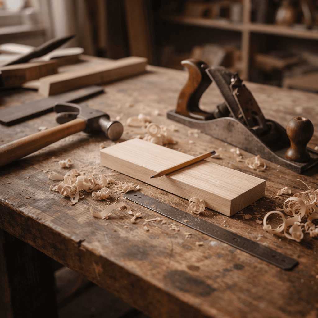 Traditional woodworking tools and wood shavings on a rustic workbench.