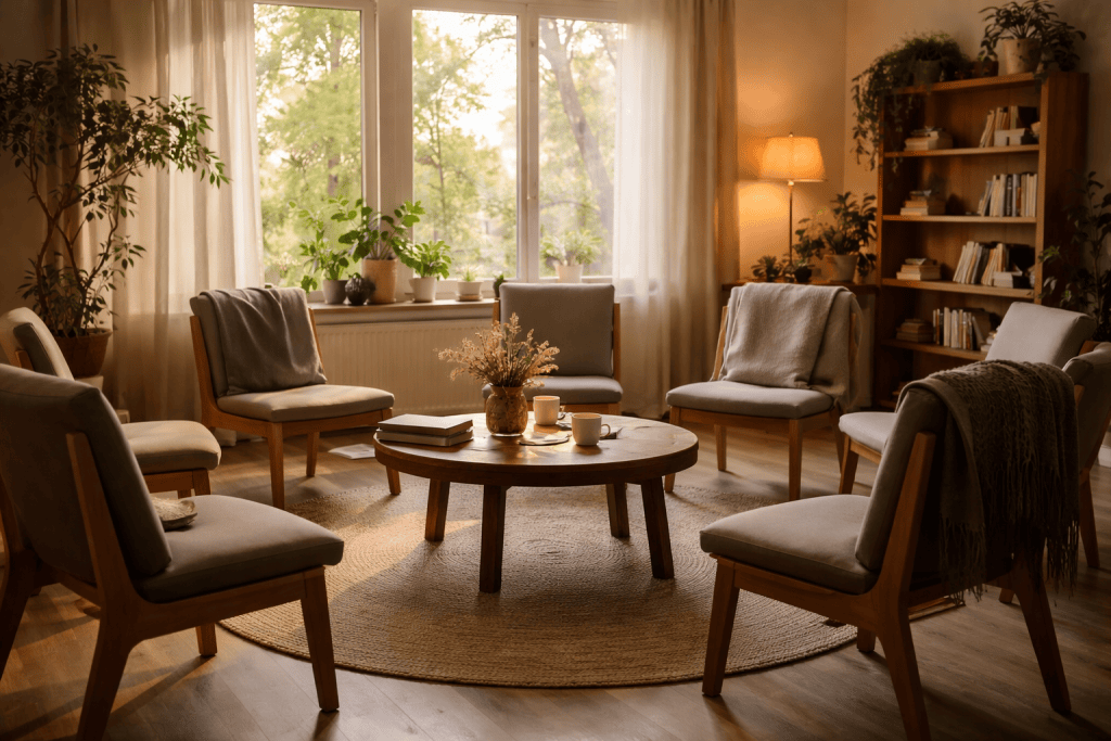 Bright living room with comfortable chairs and large windows, creating a warm and inviting atmospher.