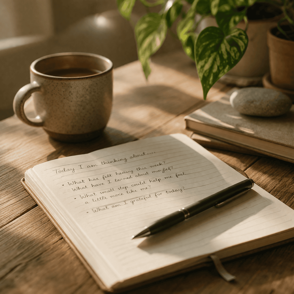 Cozy workspace with journal, coffee, and greenery for mindful reflection.